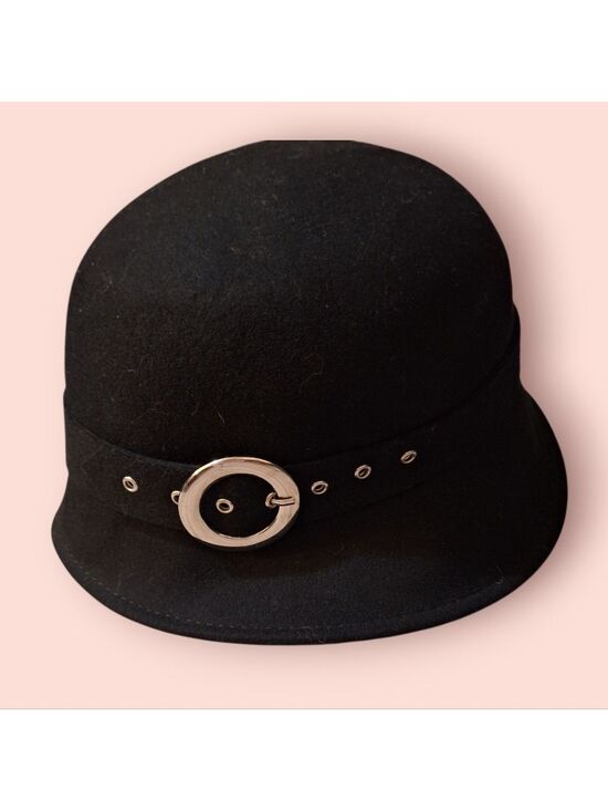 Arlin Accessories - Black Wool Cloche Hat Silver Buckle